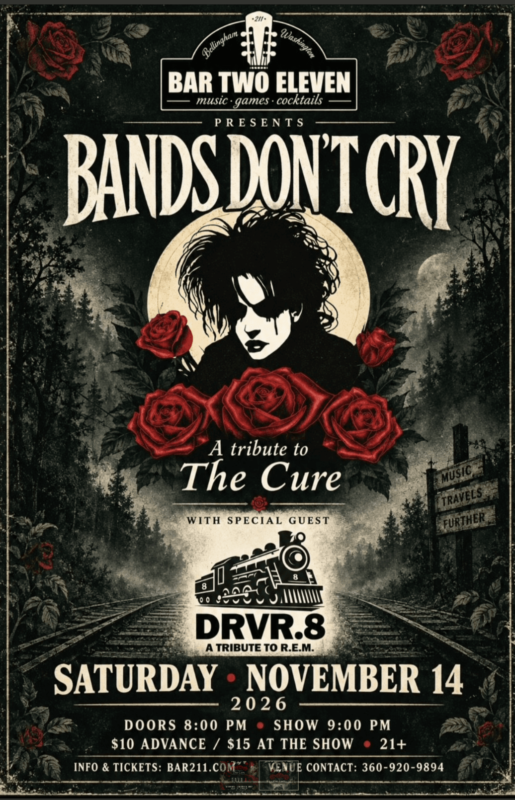 Bands Don’t Cry and DRVR.8 concert poster with red roses, railroad tracks, and a moonlit forest. Event details follow below.