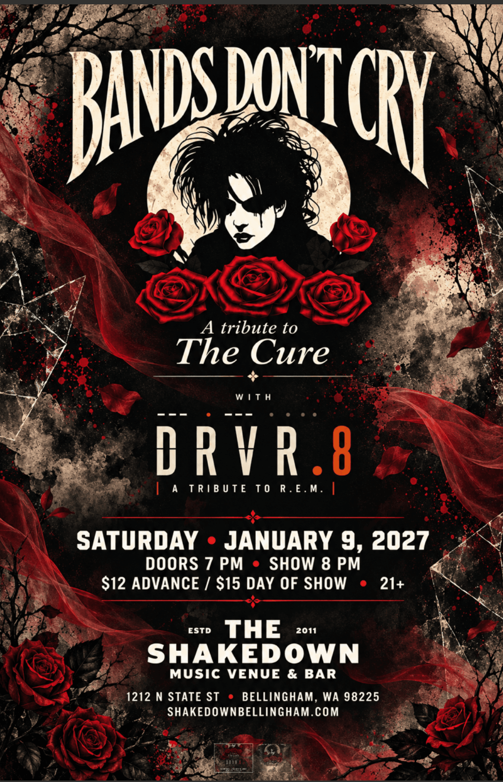 Bands Don’t Cry and DRVR.8 concert poster with red roses, shattered glass, and a dark forest. Event details follow below.